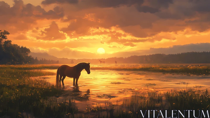 Horse stands in glowing wetland under dramatic sunset sky