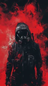Hooded respirator operative in red particulate vapor field.