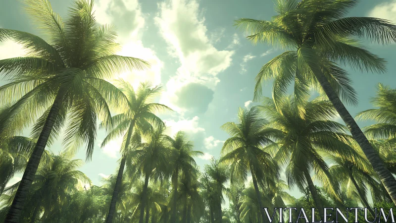 Verdant Canopy: Palm Fronds Reaching Through Luminous Sky.