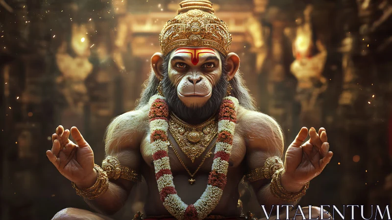 Simian deity in meditative pose with ornate gilded regalia.