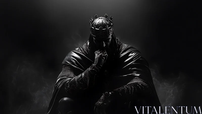 Brooding armored king sits in shadowed, smoky darkness