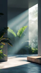 Sunlit modern courtyard with tropical foliage detail.