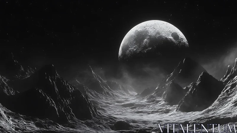 Moonrise over razorback craters in silent cosmic night.