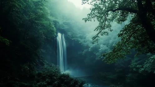 Cascading Waterfall in Dense Temperate Rainforest with Atmospheric Mist