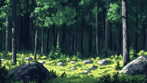 Ancient Forest Cathedral: Towering Pines and Sunlit Clearing.