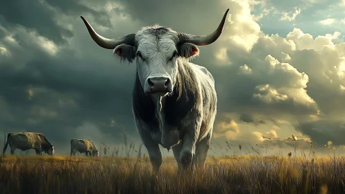 Longhorn bull in stormy grassland under dramatic skies.