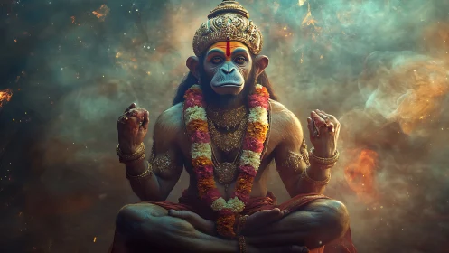Serene monkey deity in glowing cosmic meditation pose.