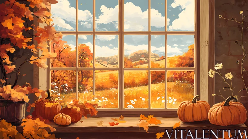 Autumn window tableau with pumpkins and golden countryside.