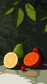 Citrus halves and pears under foliage in strong light.