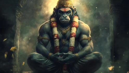 Mythic simian deity rendered with muscular anatomy and volumetric light