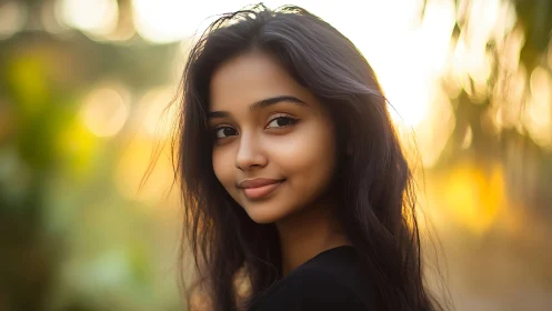 Photorealistic sunset portrait with soft bokeh lighting style.