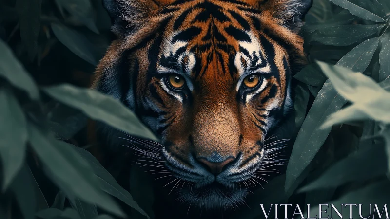 Hyperreal tiger portrait renders predatory gaze in foliage