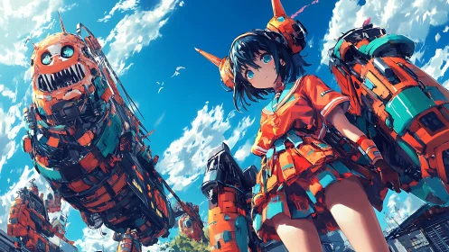 Mecha-augmented pilot girl beneath colossal aerial dreadnoughts.