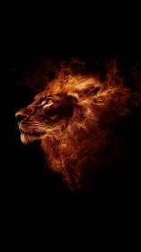 Fiery lion head profile rendered as volumetric flame mane