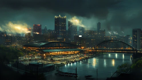 Nocturnal riverfront megastructure under storm-lit skyline.