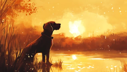 Dog silhouette by lakeside under orange sunset sky.