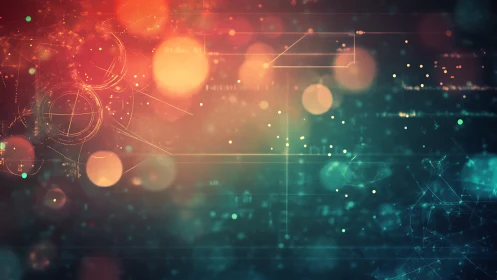 Abstract cyber interface with luminous bokeh and circuit schematics