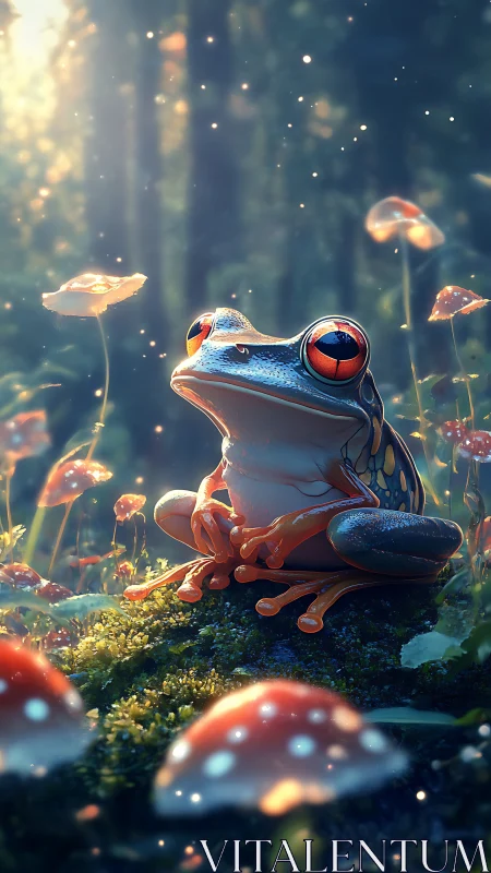 Frog on mossy forest stone with fungi and floating particles.