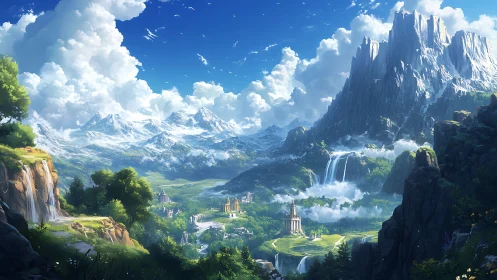 Fantasy valley with mountains, waterfalls and scattered temples