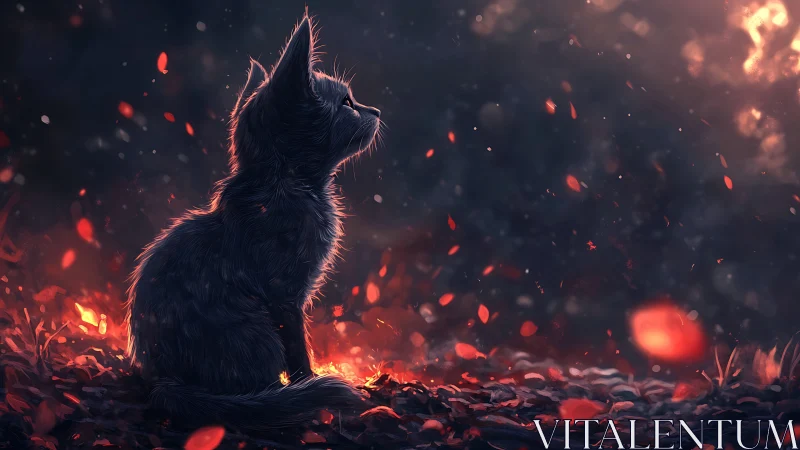 Dark feline silhouette amidst incandescent particle effects.