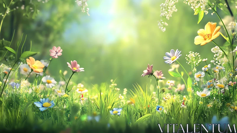 Sunlit meadow depth of field highlights layered wildflower foreground