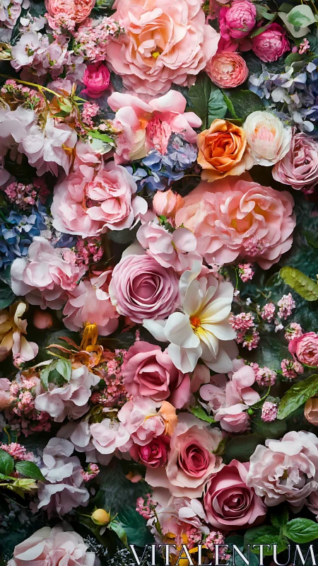 Layered Floral Composition: Pink Roses, Peonies, and Hydrangeas.