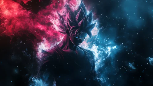 Spiky haired warrior stands in red and blue cosmic light