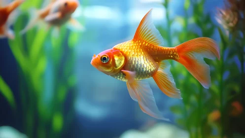 Goldfish swims in clear aquarium with soft background blur