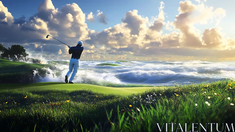 Golfer on coastal fairway near rough sea under clouds.