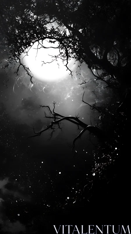 Moonlit tangle of branches over a star-speckled void.