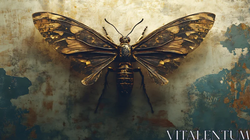 Golden moth sculpture against distressed textured wall backdrop.