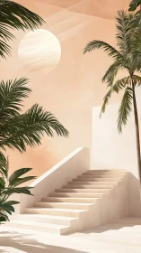Minimalist sunlit stairs rise beside tall tropical palms