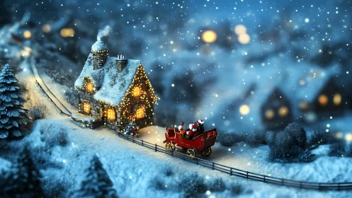 Snowy night cottage with illuminated lights and red Santa sleigh