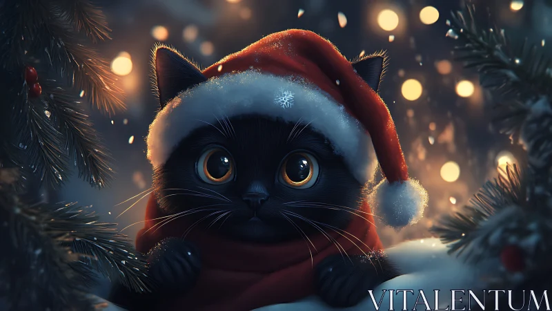 Black kitten in Santa hat under glowing festive bokeh.
