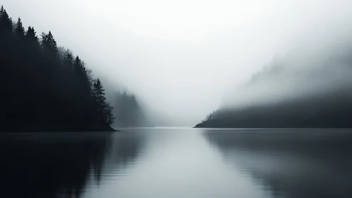 Fog-covered forested slopes meet calm reflective lake surface