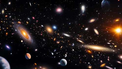 Expansive multiverse scene shows swirling luminous galaxies.