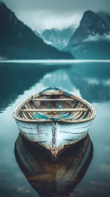 Weathered wooden rowboat anchors serene alpine lake scene