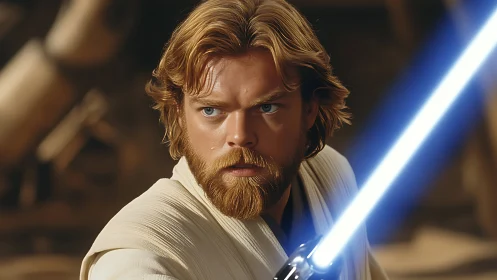 Photorealistic sci‑fi warrior portrait with illuminated energy blade.