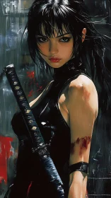 Bloodstained katana-wielding femme fatale in glossy armor