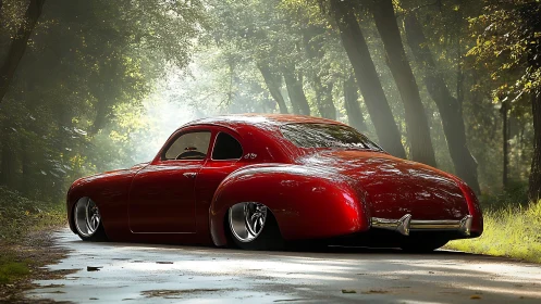 Streamlined red coupe parked on forest edge roadway.