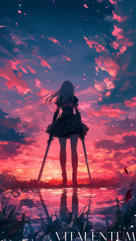 Sword-bearing anime heroine stands beneath a blazing sunset sky