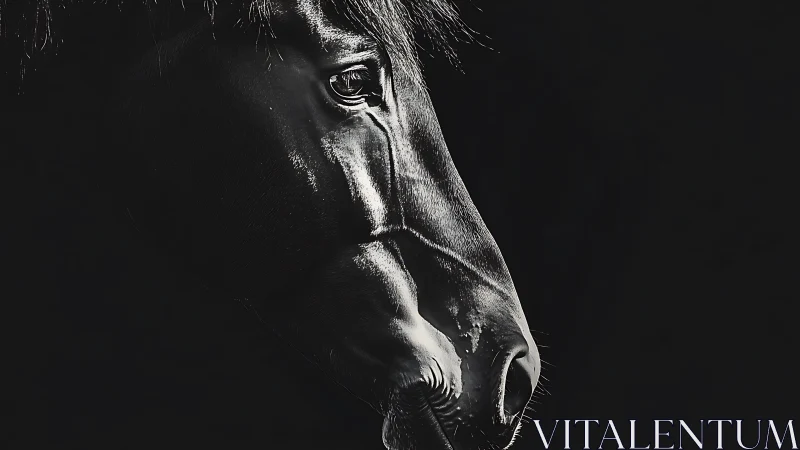 Equine profile in low-key monochrome with sculpted highlights.