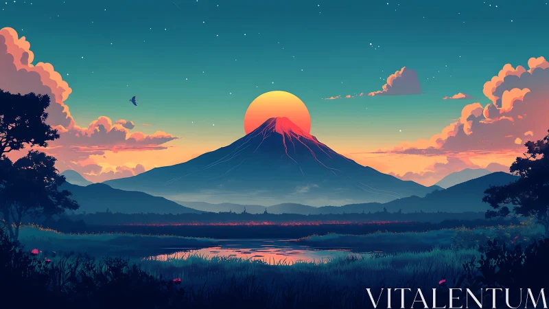 Digital landscape shows mountain silhouette under low sun