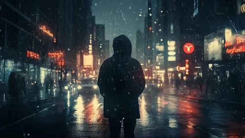 Hooded figure walks alone through wet neon city street