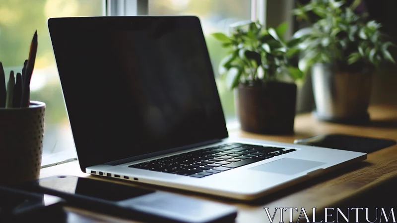 Sunlit laptop sanctuary amid quiet plants and desk calm.