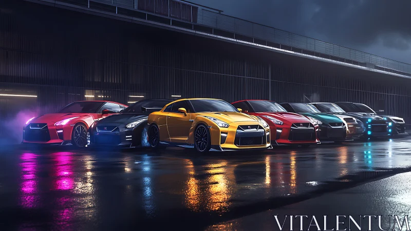 Performance coupe lineup under neon-infused night rain.