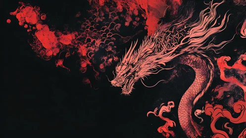 Fiery red dragon coils through smoky shadows with power