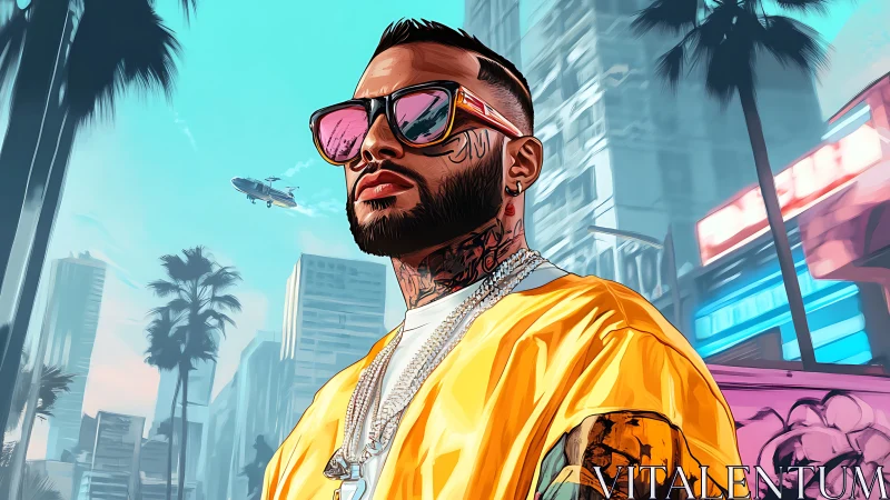 Sunlit urban portrait in neon-tinted downtown skyline.