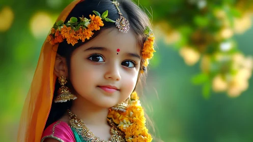 Young Girl in Traditional Indian Attire with Floral Accessories.
