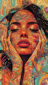 Vibrant dreamlike portrait immerses a serene woman in color